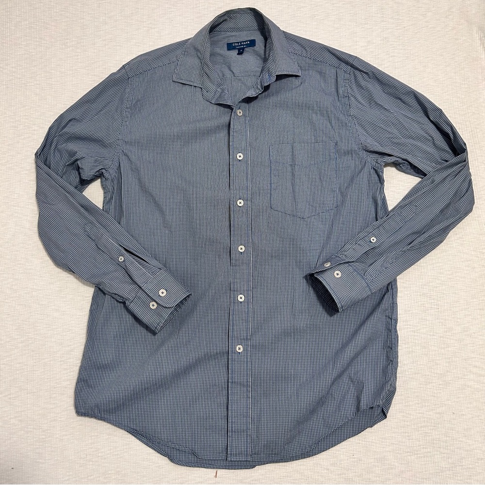 COLE HAAN Mens Grand Os Performance‎ Button Down Shirt Blue Check Medium